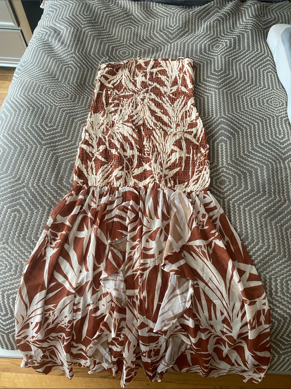 Fashion Nova Brown and Cream Tropical Strapless Maxi Dress